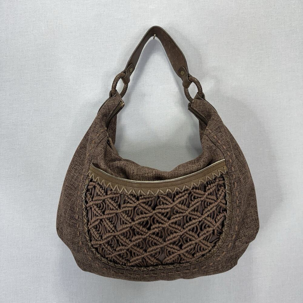 Cole Haan Hobo Shoulder Bag Brown Slouchy Canvas Macrame Boho Coquette Coastal